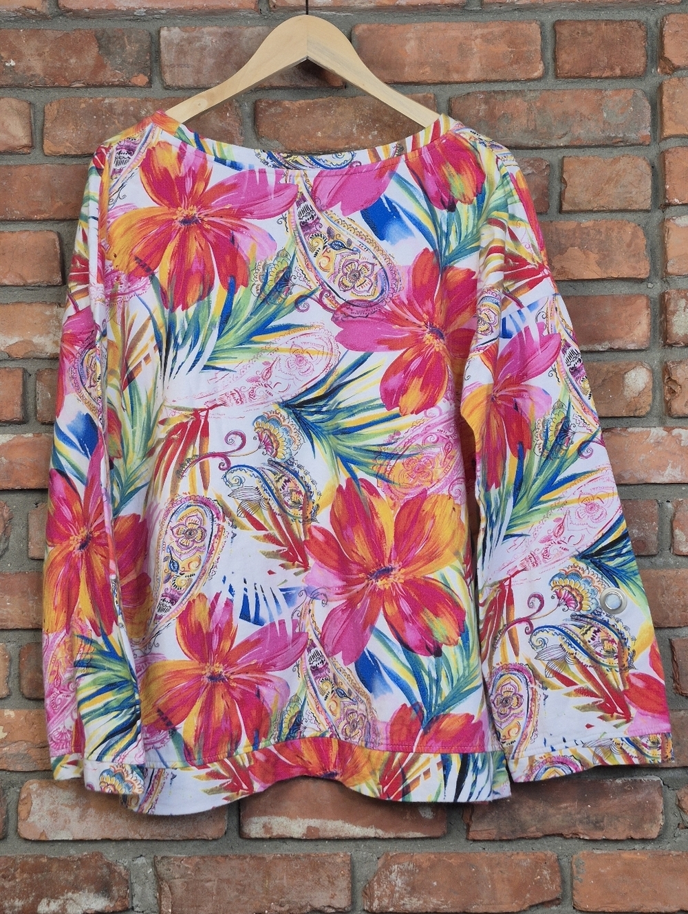 Kaktus Tropical Floral Crewneck Sweatshirt Oversized Lg Grommet Sleeves Cotton! - Picture 5 of 7